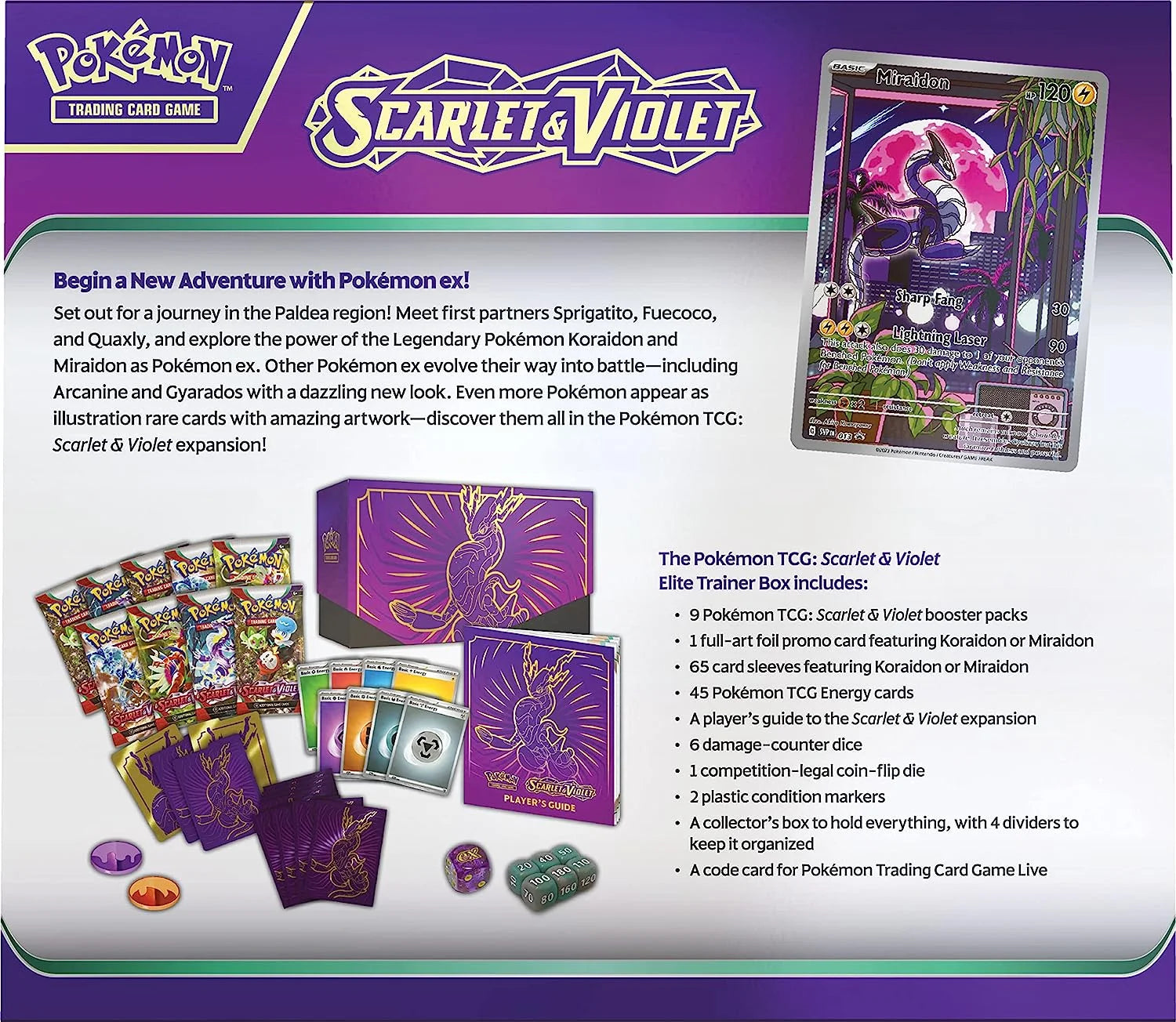 TCG: Scarlet and Violet Elite Trainer Box - Miraidon Purple (1 Full Art Promo Card, 9 Boosters and Premium Accessories)