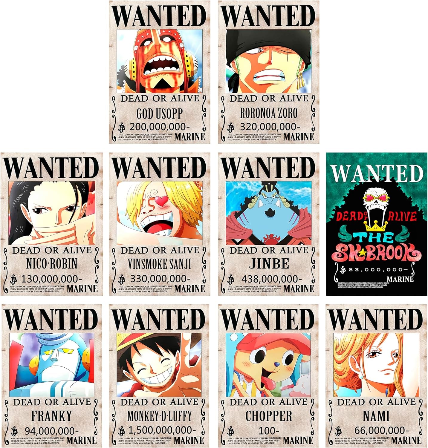 10 Pcs One Piece Pirates Wanted Poster,1.5 Billion New Edition 28.5Cmx21Cm , the Straw Hat Pirates Crew Luffy Chopper Zoro Nami Usopp Sanji Jinbe Franky Brook Robin.